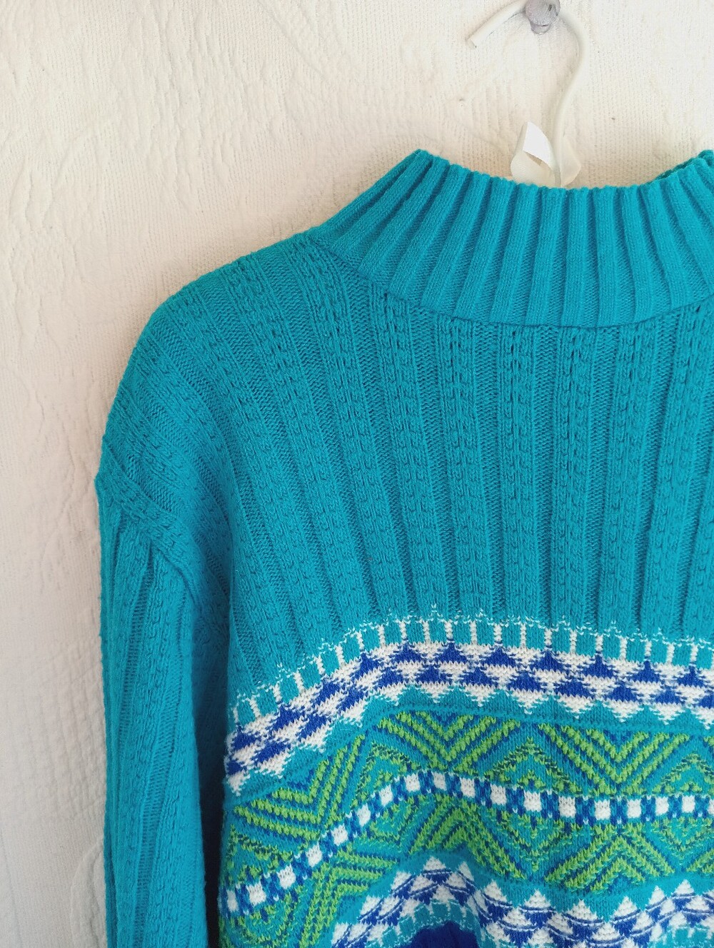 80s Teal & Royal Blue Nordic Knit Sweater Retro Cable Knit Colorblock Ski Winter - Picture 2 of 9